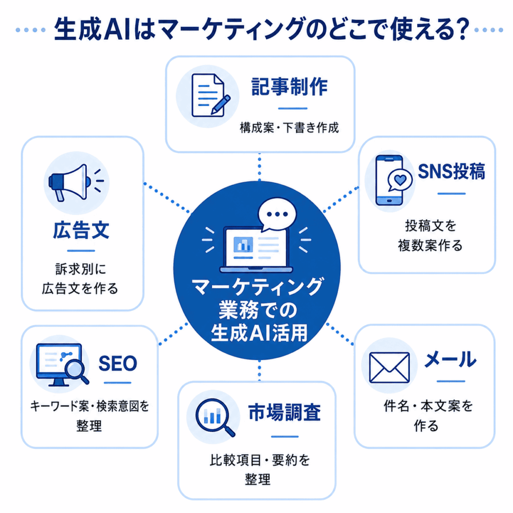 生成AIを活用しやすいマーケティング業務(記事制作、SNS投稿、広告文、メール、市場調査、SEO)の図