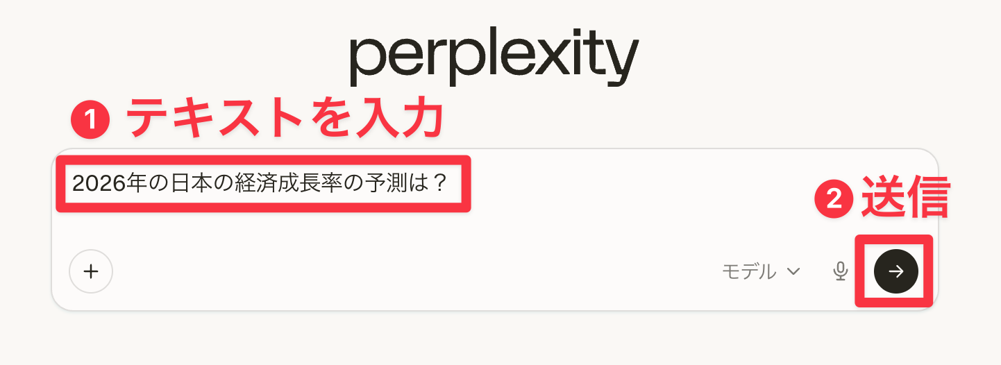 Perplexityの質問入力欄（画面中央）