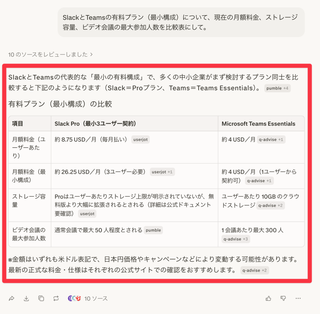 比較表のプロンプト例（SlackとTeamsの有料プラン）