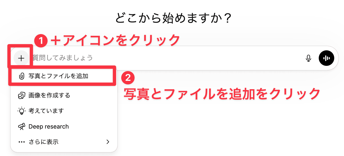 写真とファイルを追加のメニュー
